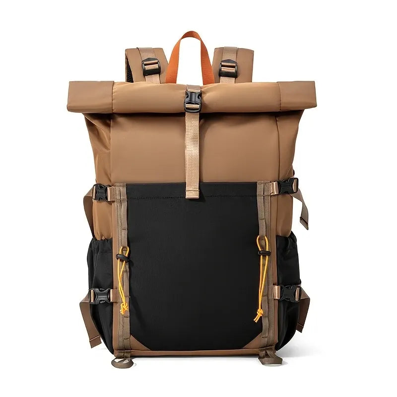 Waterproof Nylon Roll-Top Backpack, 22-28L Expandable, Brown