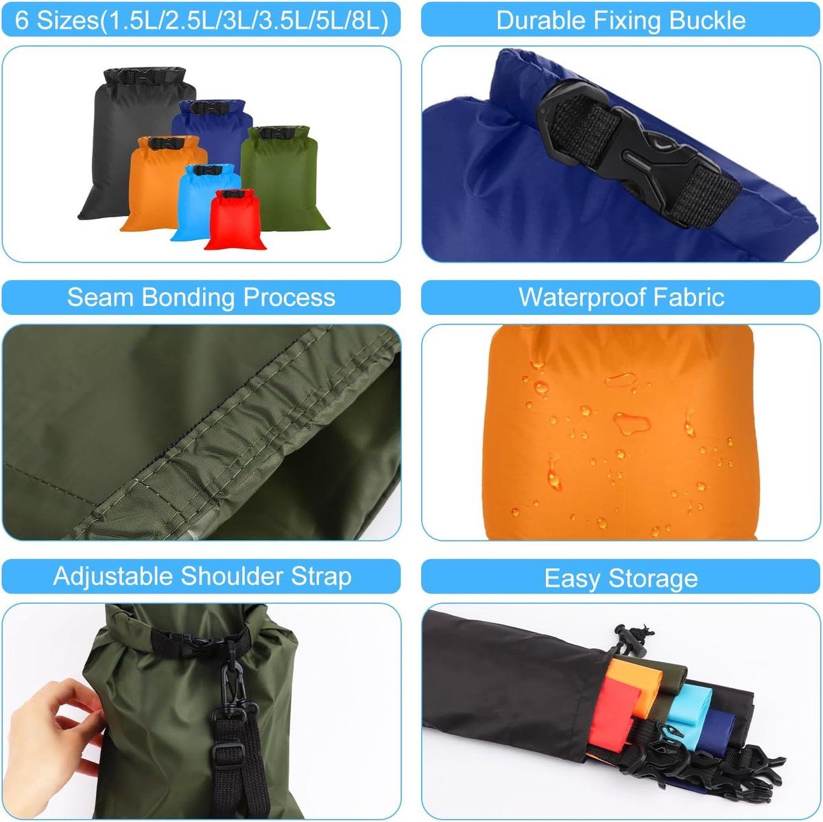 6 Pack Waterproof Dry Bags, 1.5L to 8L
