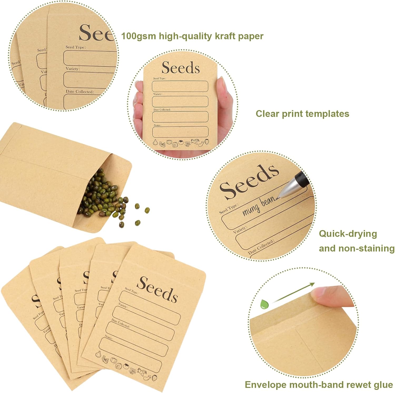 156 PCS Seed Envelopes 3.15”x 4.72”, Packets Kraft Seeds Saving Envelope, Self Sealing Storage Mini Envelope for Flower Vegetable -