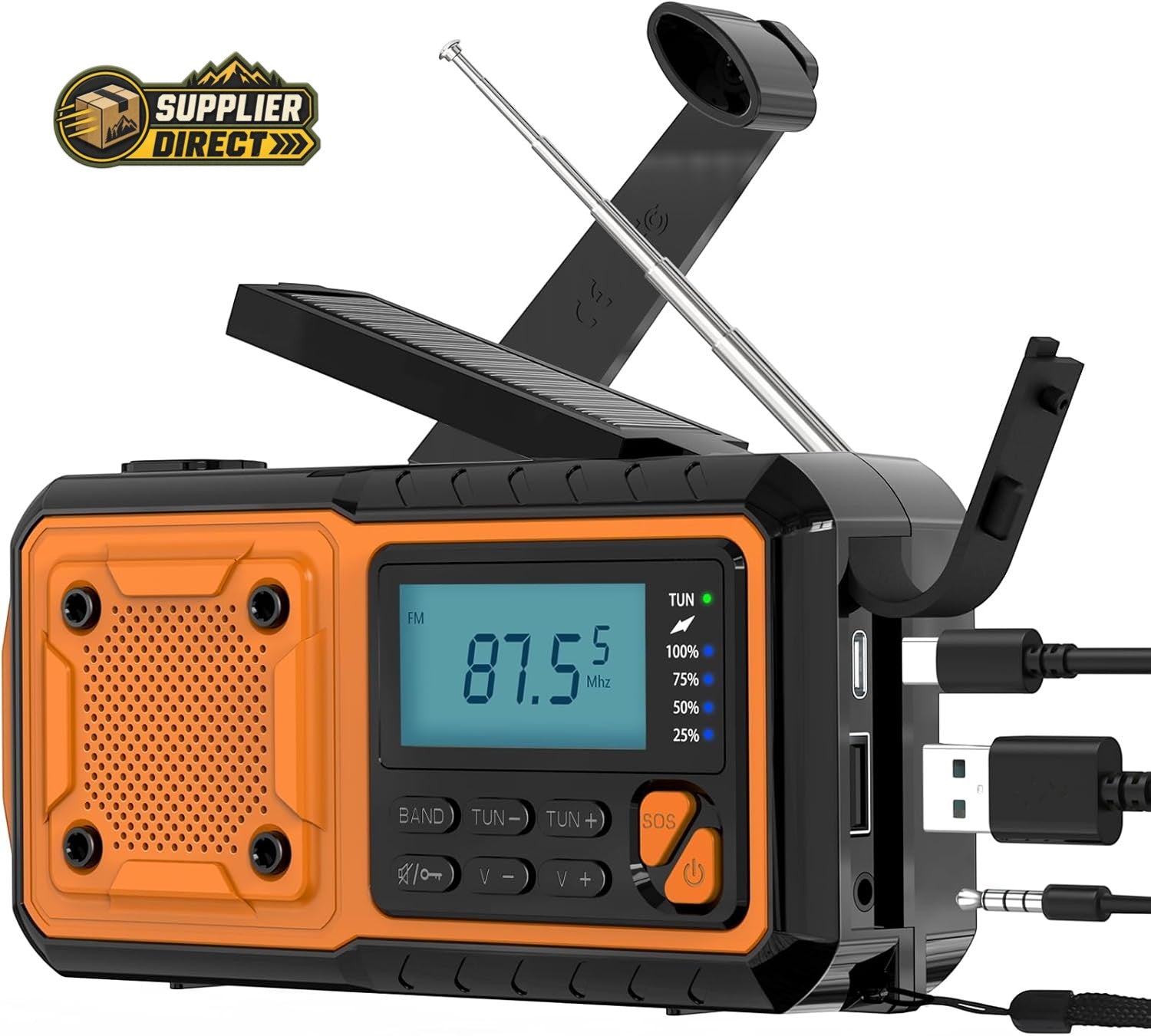 5-in-1 Emergency Solar Hand Crank Radio with 4000mAh Power Bank - AM/FM/SW Weather Radio (Orange/Black)
