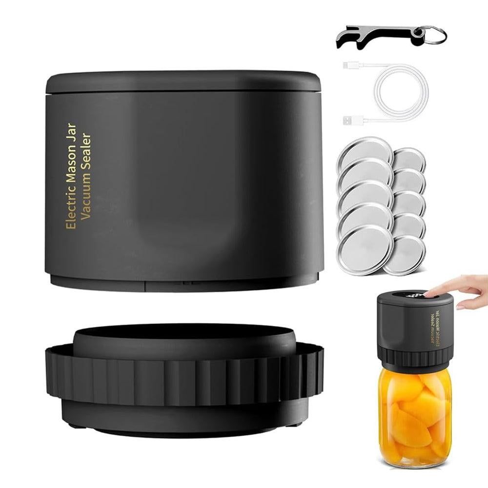 Electric Mason Jar Vacuum Sealer Kit, Rechargeable, 10 Lids, Black