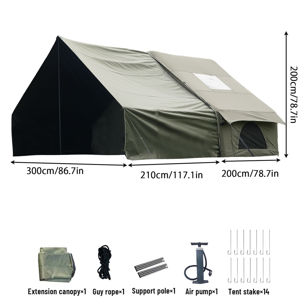 Inflatable Family Cabin Tent, 4-6 Person, with Awning Porch and Air Pump, Dark Green