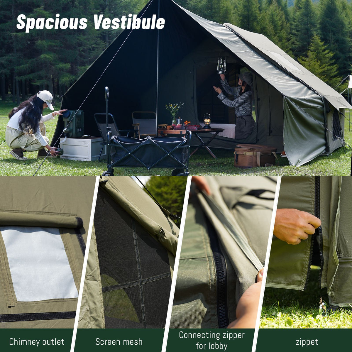 Inflatable Family Cabin Tent, 4-6 Person, with Awning Porch and Air Pump, Dark Green