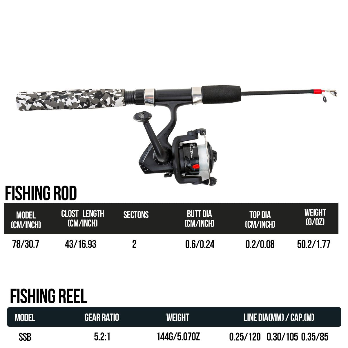 Ice Fishing Rod & Reel Set, Black Grey