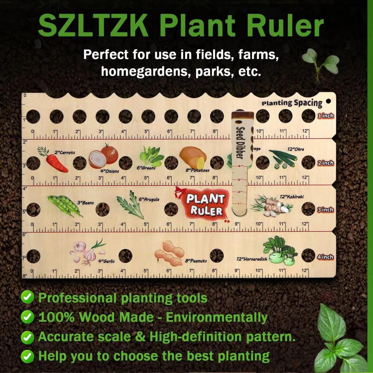 Wooden Seed Spacing Plant Ruler, Square Foot Gardening