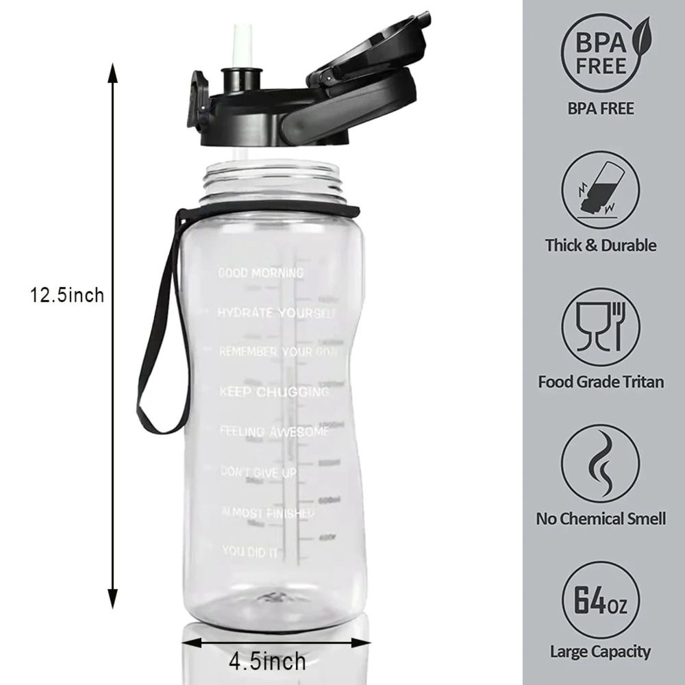 1.9L (64 oz) Water Bottle with Time Markers and Leak-Proof Lid