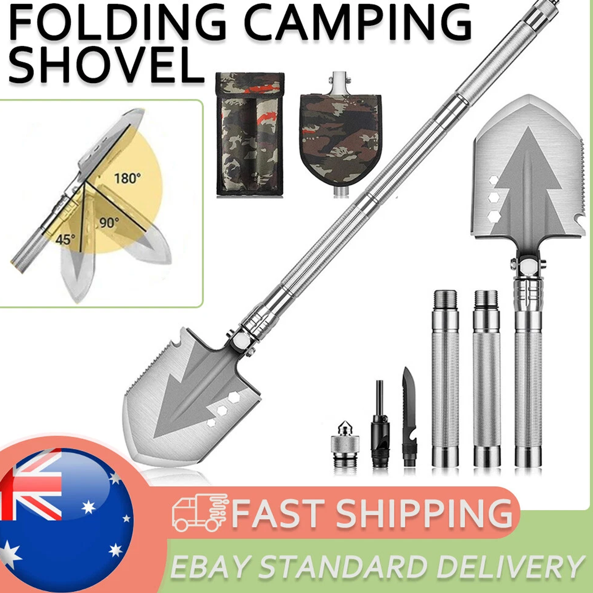 Folding Camping Shovel with Knife, Hammer & Fire Starter, 77cm