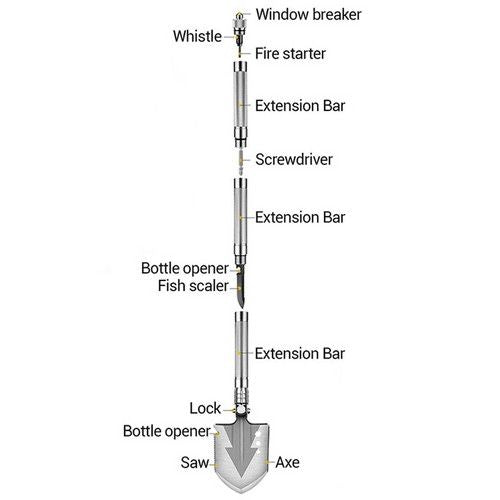 Folding Camping Shovel with Knife, Hammer & Fire Starter, 77cm