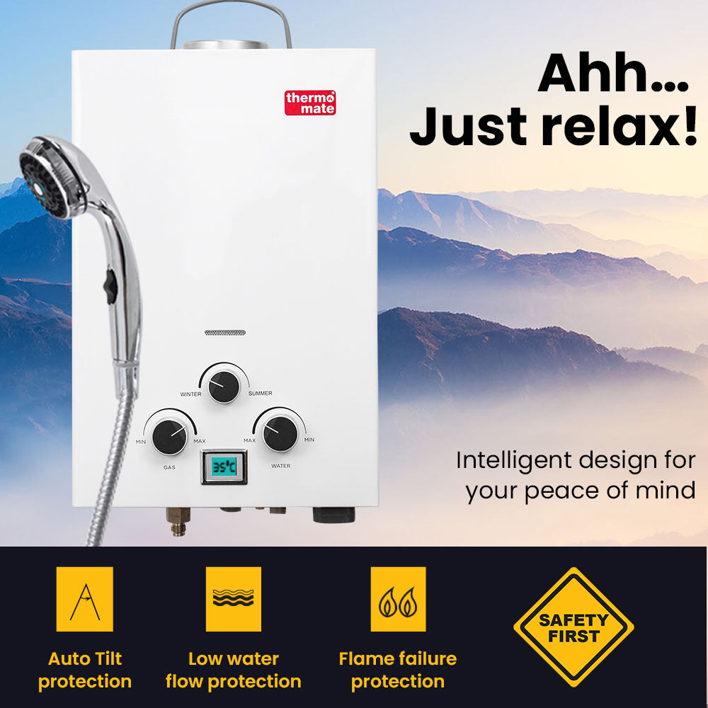 Thermomate Portable Gas Hot Water System with 12V Pump & Shower, White