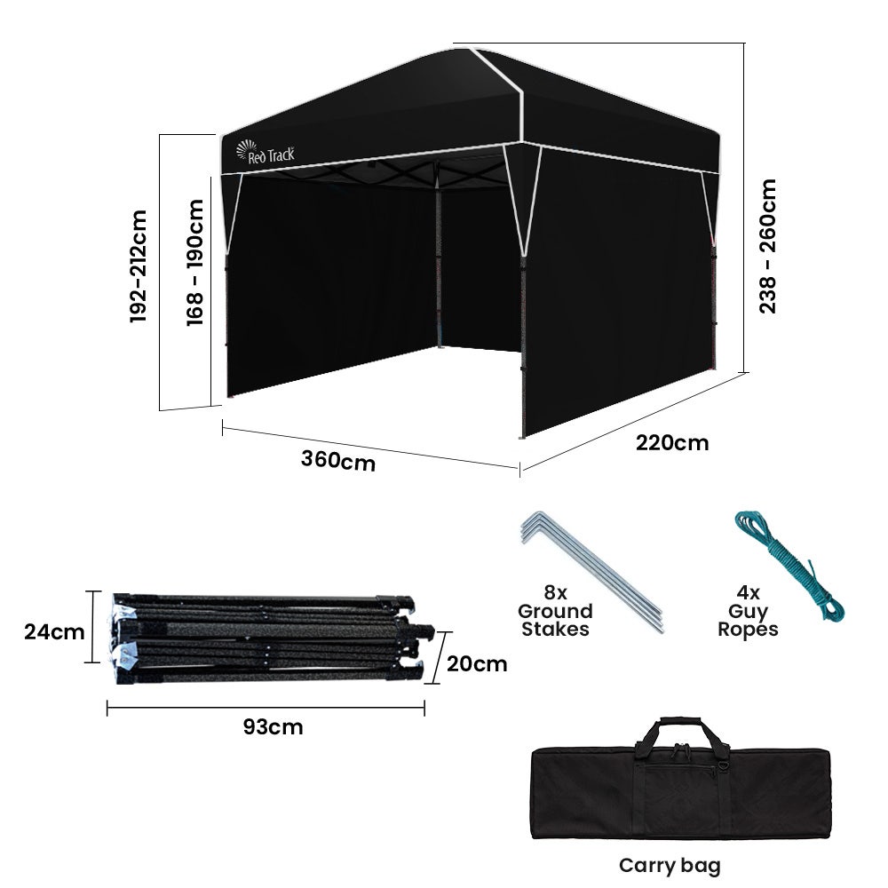 RED TRACK Ultra Compact Folding Gazebo, 3.6 x 2.2m with Walls, Black