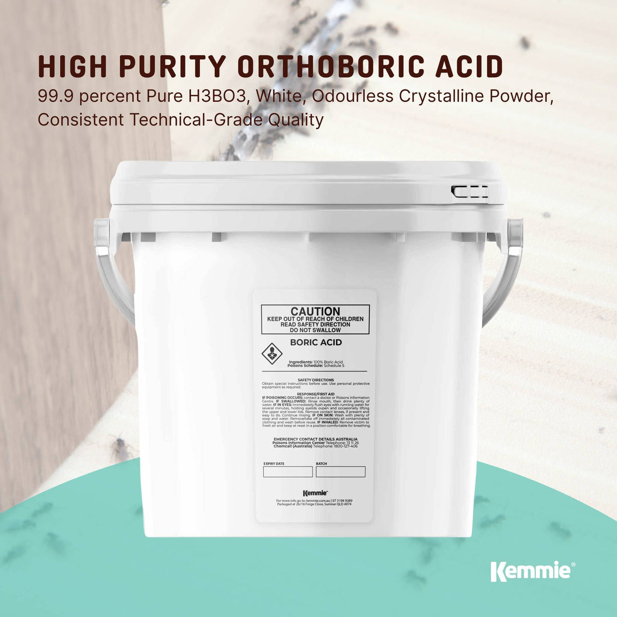 Kemmie Boric Acid Powder, 99.9% Technical Grade, 4.9kg Tub