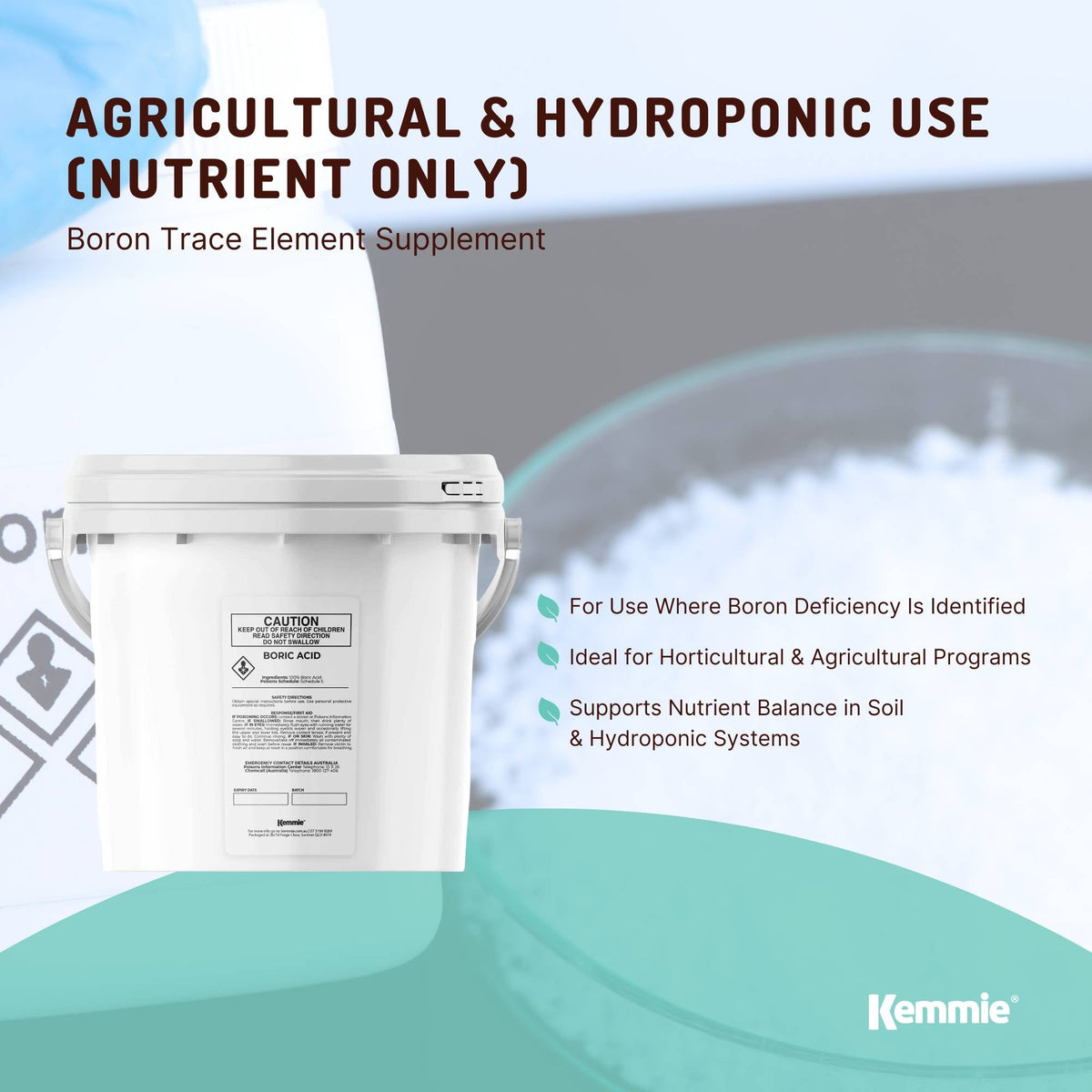 Kemmie Boric Acid Powder, 99.9% Technical Grade, 4.9kg Tub