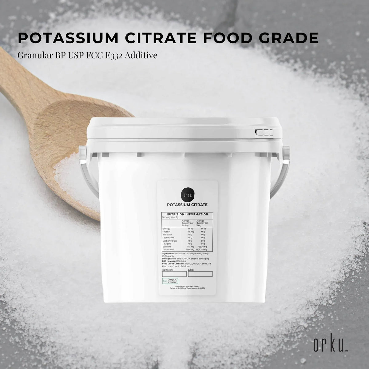 Orku Potassium Citrate, Food Grade E332 Granules, 5kg Tub