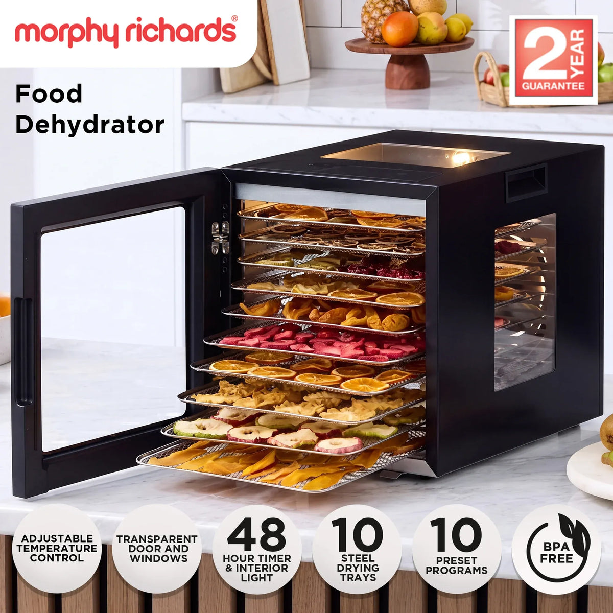 Morphy Richards Food Dehydrator, 10 Stainless Shelves, 850W, Black