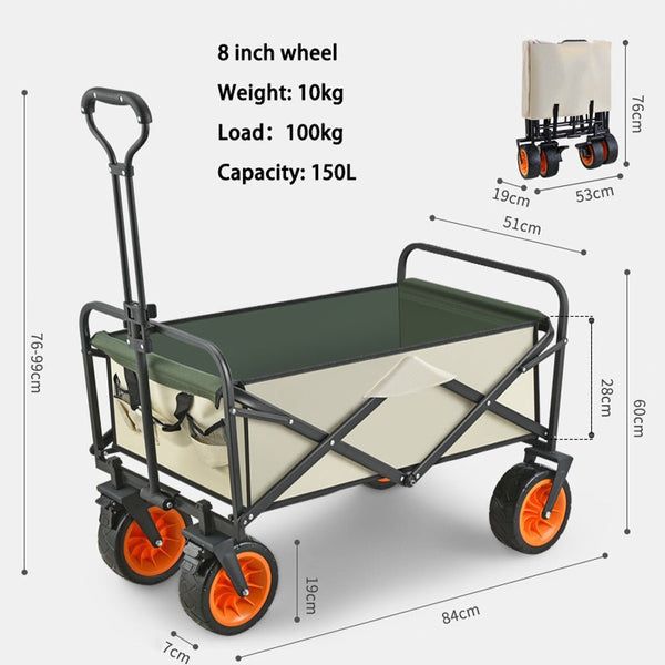 Folding Beach Wagon Cart Trolley, 150L, 20cm All-Terrain Wheels, Beige