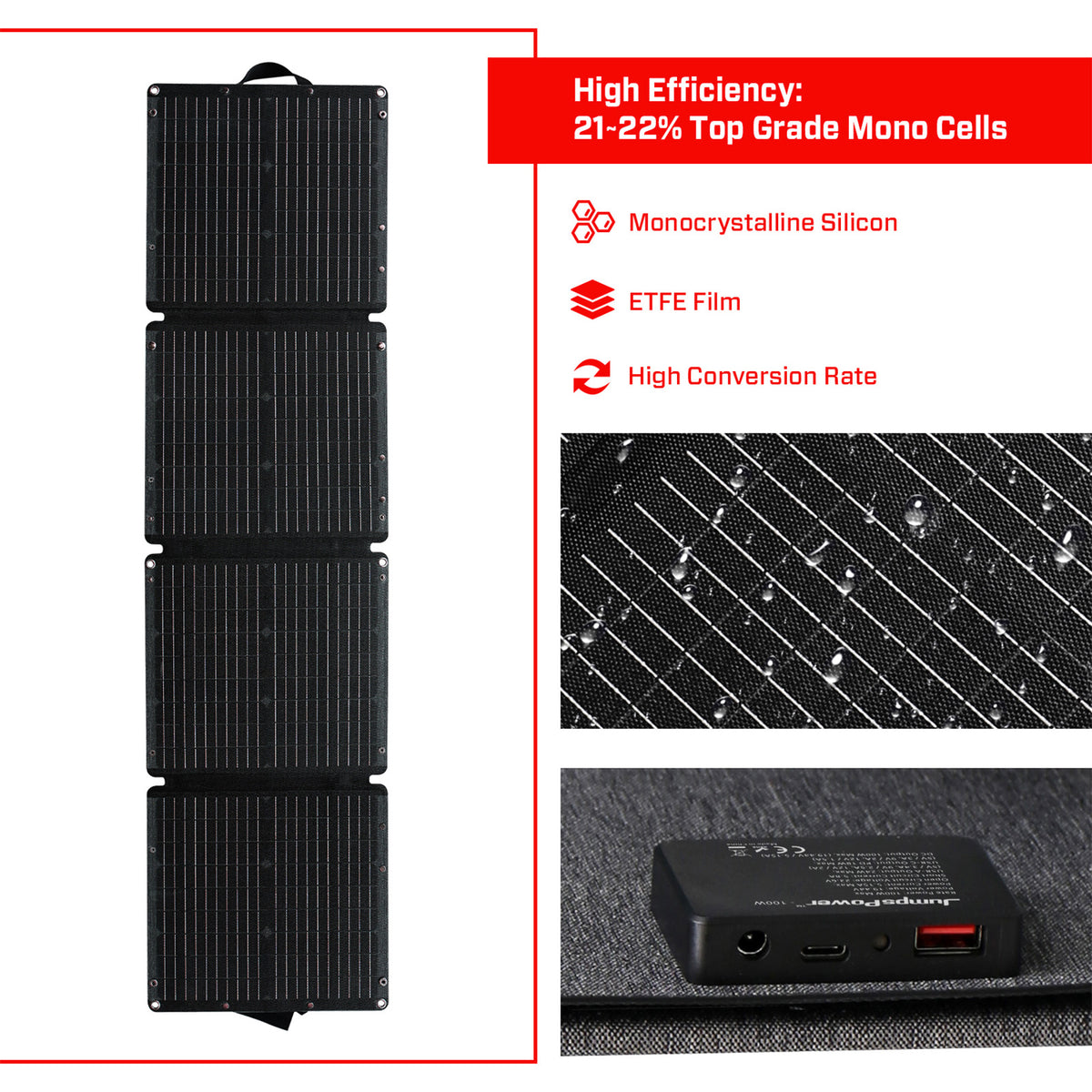 JumpsPower 100W Foldable Solar Panel, USB-C, USB-A & DC Output