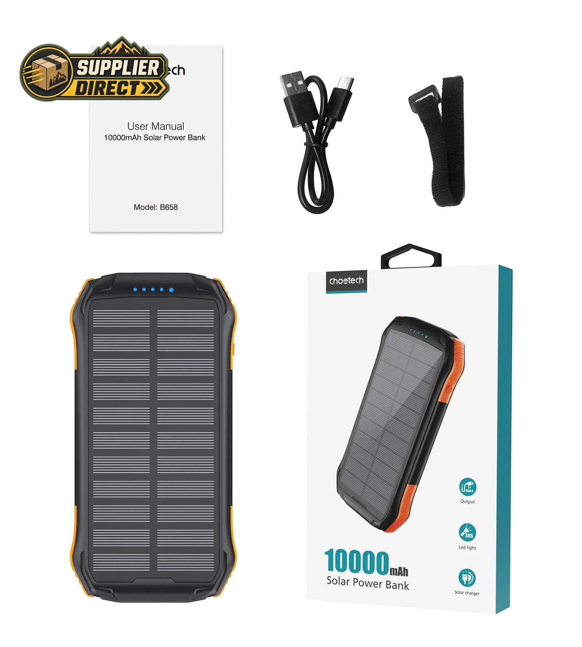 CHOETECH 10,000mAh Solar Power Bank – Triple USB Charging & Emergency LED Light – image 3
