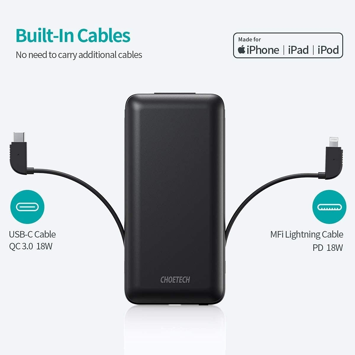 CHOETECH B688-BK 10000mAh Power Bank, Built-In Lightning & USB-C Cables