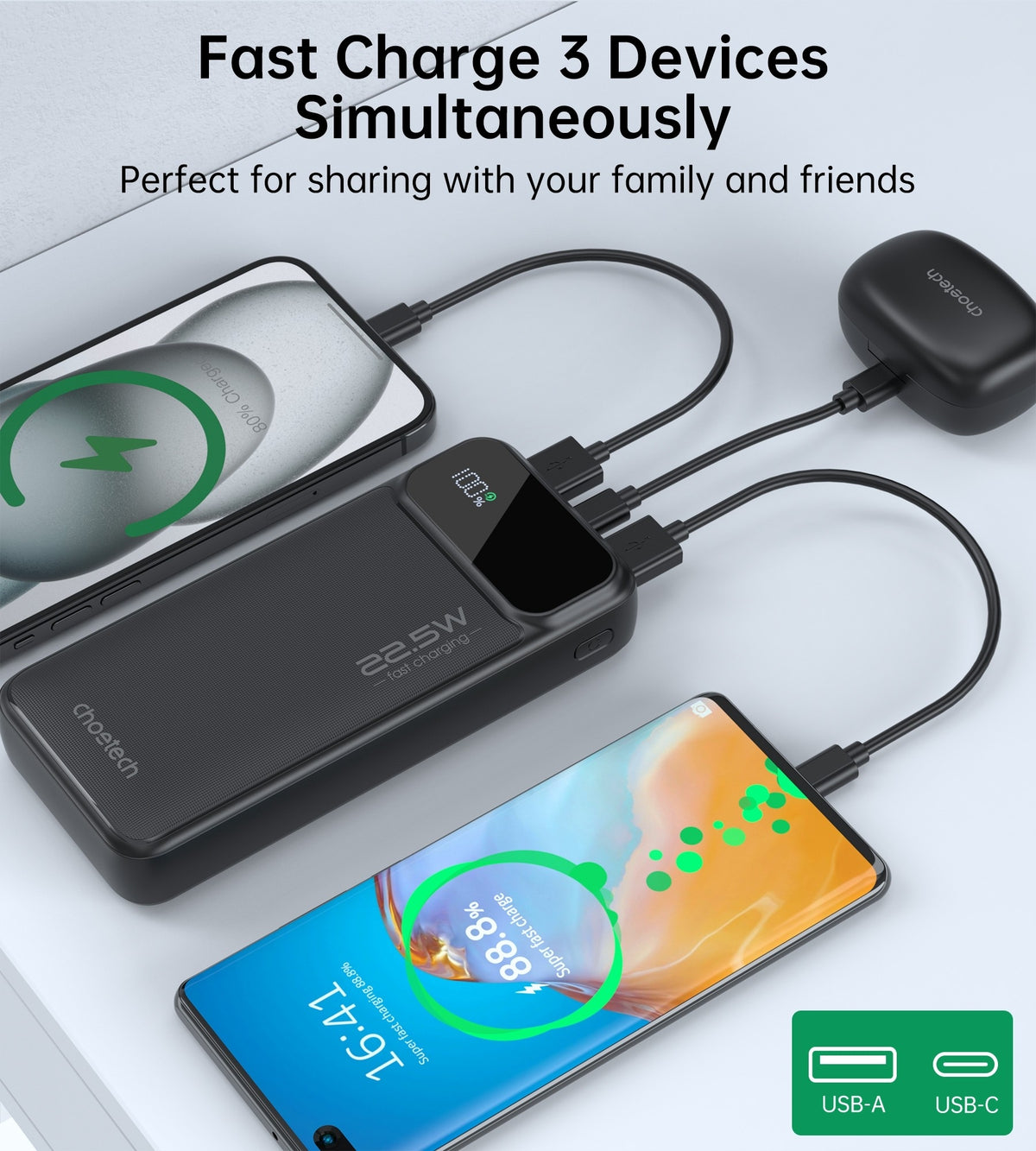 CHOETECH B729 20000mAh Power Bank, 22.5W Fast Charging, Digital Display