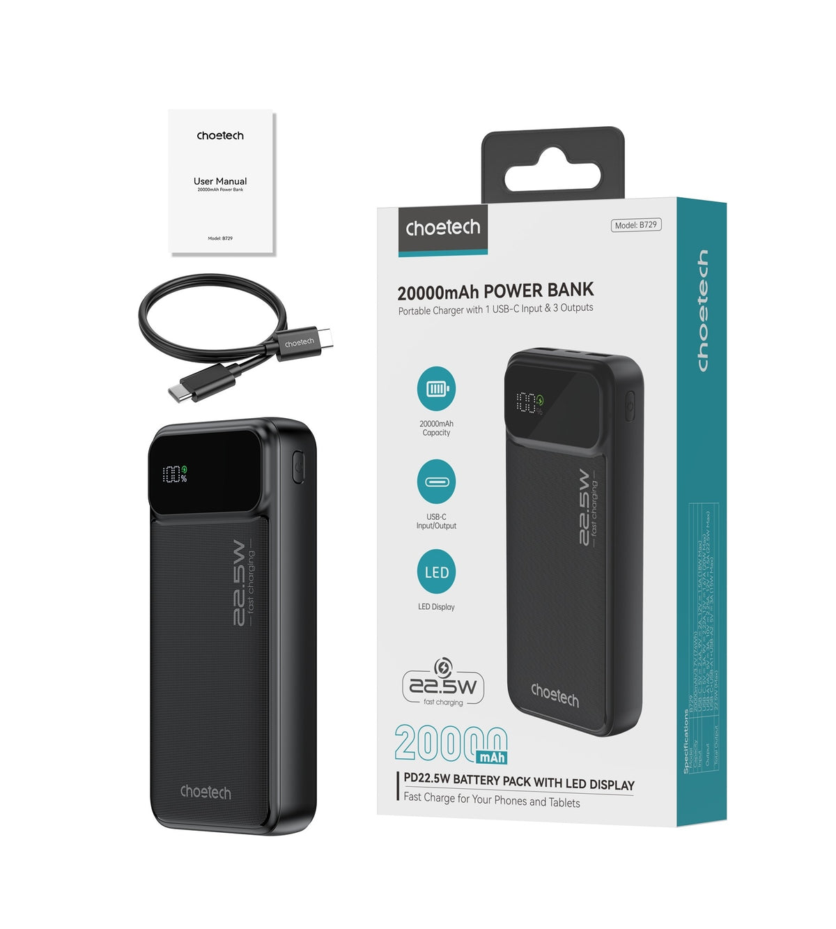 CHOETECH B729 20000mAh Power Bank, 22.5W Fast Charging, Digital Display
