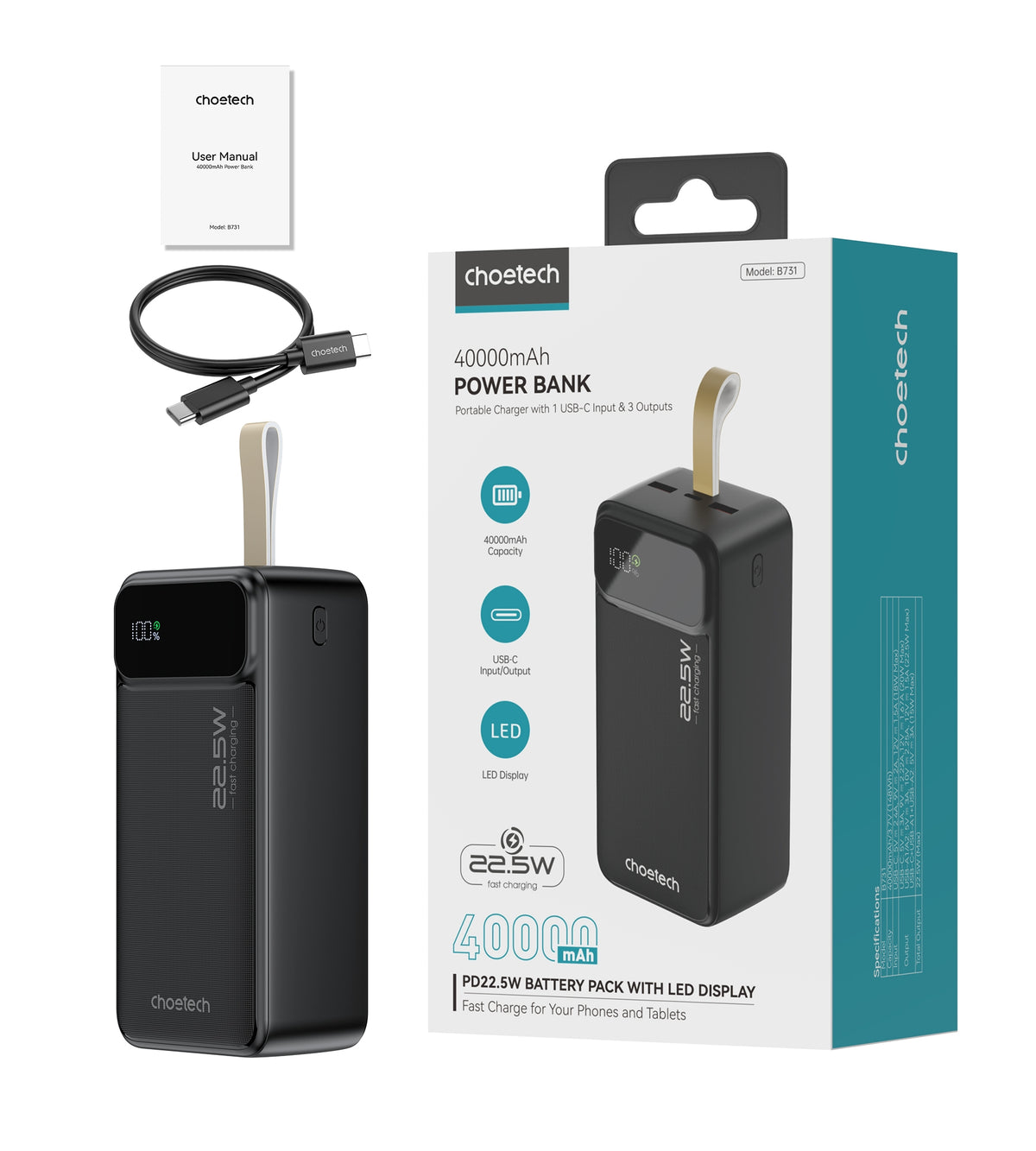 CHOETECH B731 40000mAh Power Bank, 22.5W Fast Charging, Digital Display