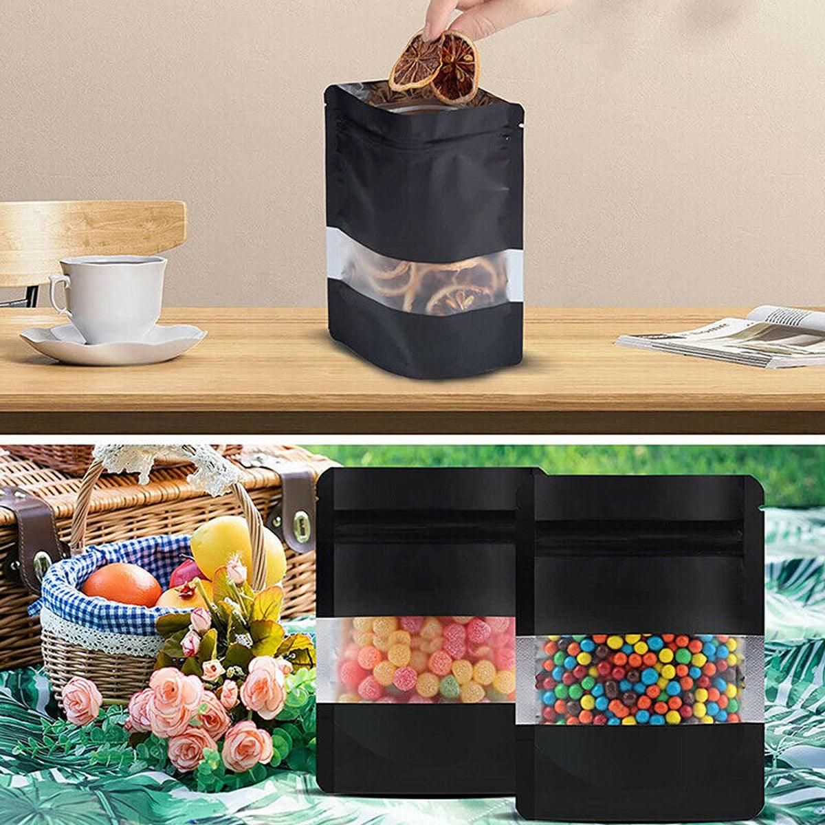 Black Window Stand-Up Pouches, Resealable, 12 x 20cm, 50 Pack