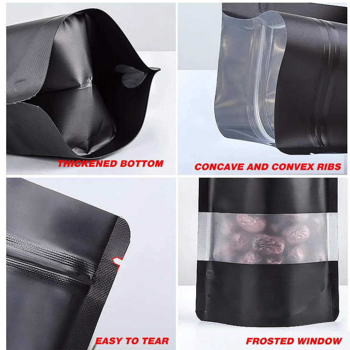 Black Window Stand-Up Pouches, Resealable, 12 x 20cm, 50 Pack