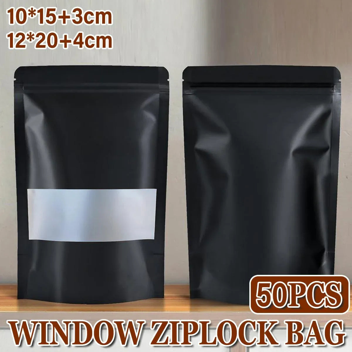 Black Window Stand-Up Pouches, Resealable, 12 x 20cm, 50 Pack