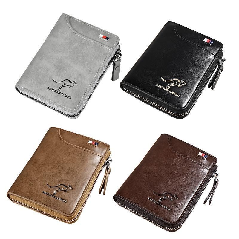 Men's RFID Blocking Short Wallet, PU Leather Zip Card Holder, Black