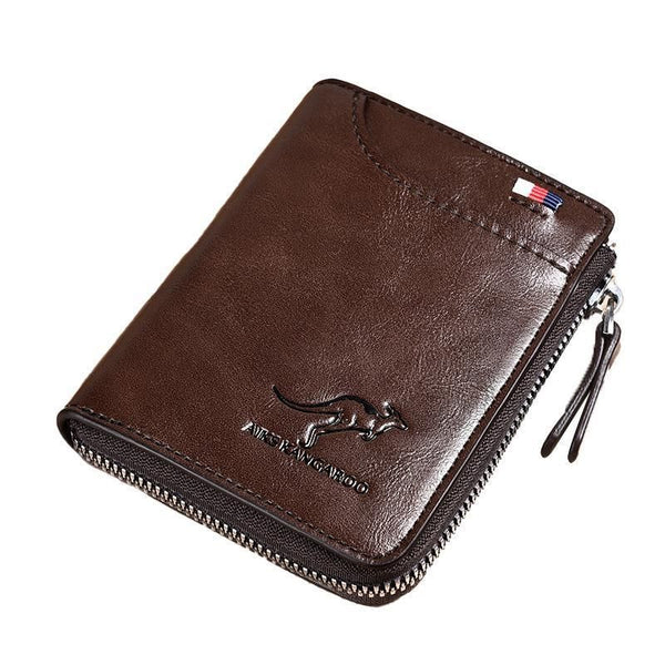 Men's RFID Blocking Short Wallet, PU Leather Zip Card Holder, Brown