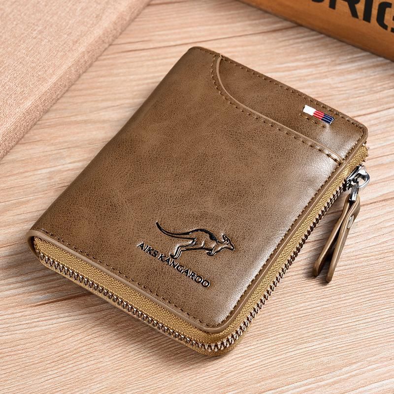 Men's RFID Blocking Short Wallet, PU Leather Zip Card Holder, Brown