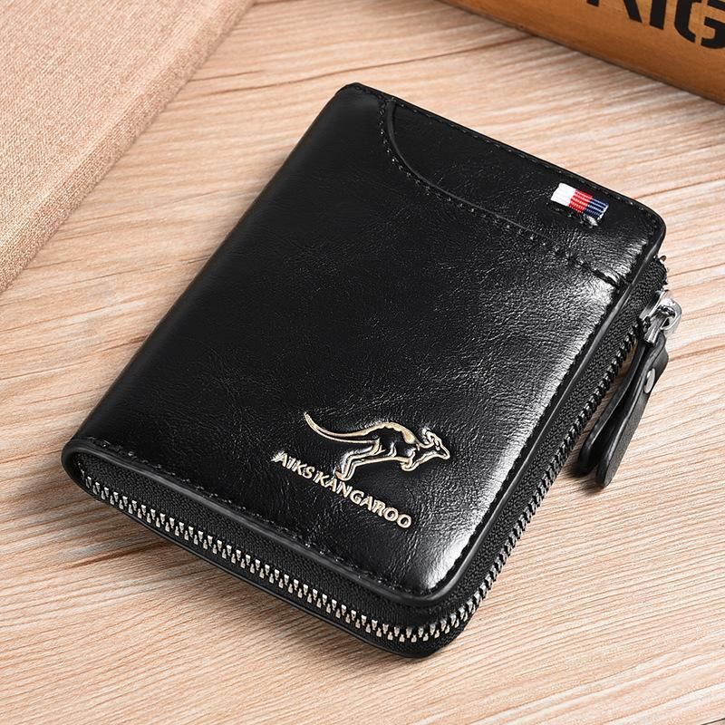 Men's RFID Blocking Short Wallet, PU Leather Zip Card Holder, Brown