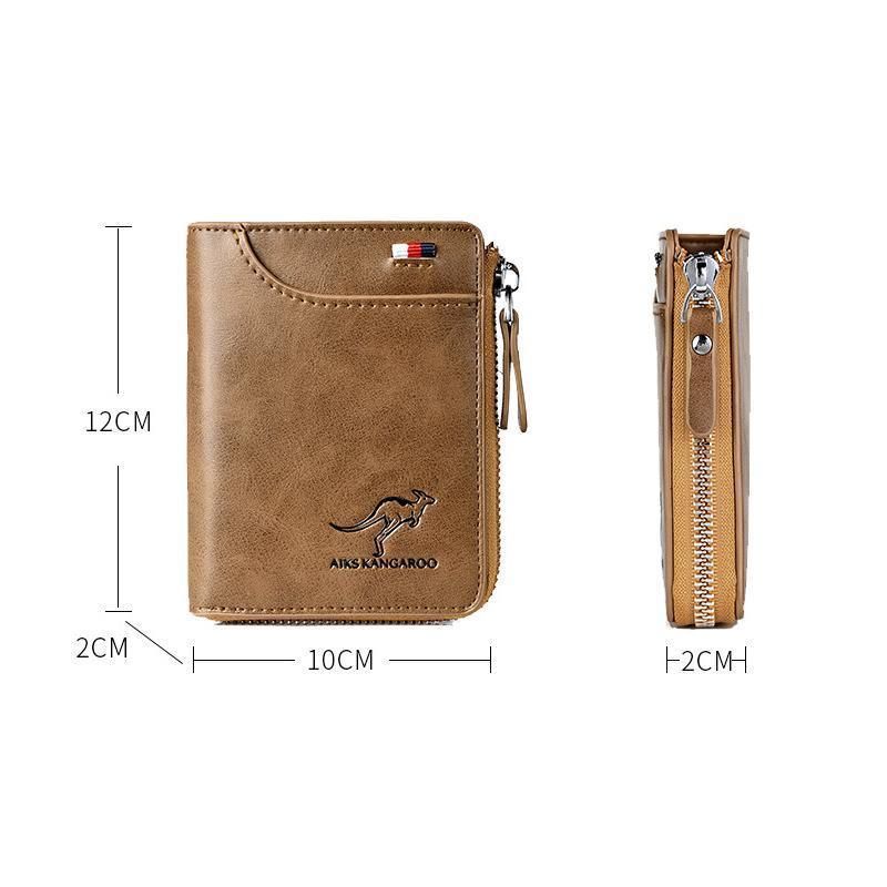 Men's RFID Blocking Short Wallet, PU Leather Zip Card Holder, Brown