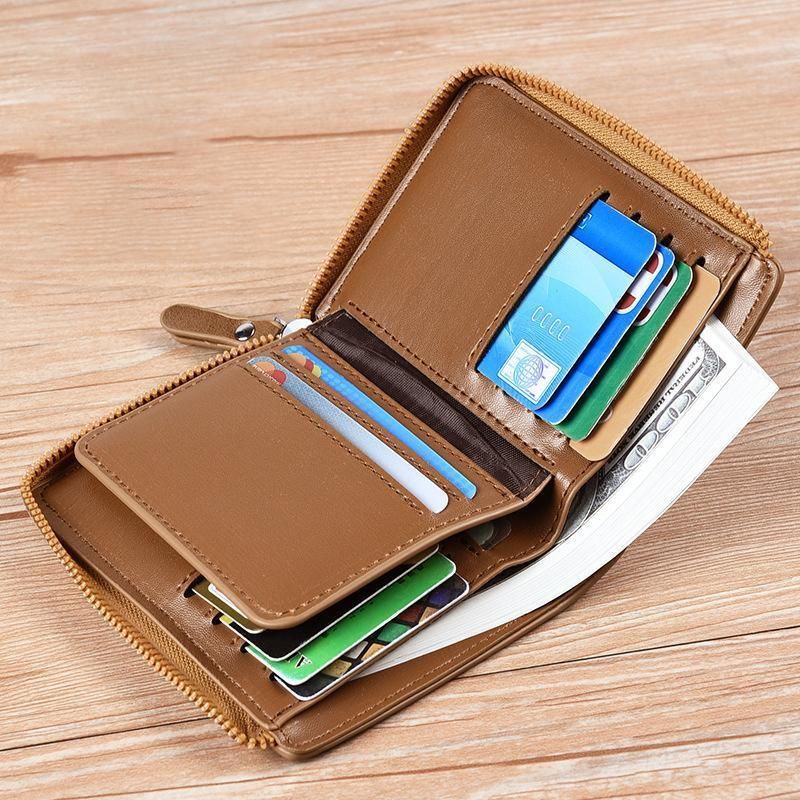 Men's RFID Blocking Short Wallet, PU Leather Zip Card Holder, Grey