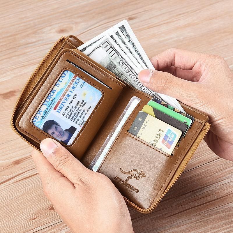Men's RFID Blocking Short Wallet, PU Leather Zip Card Holder, Grey