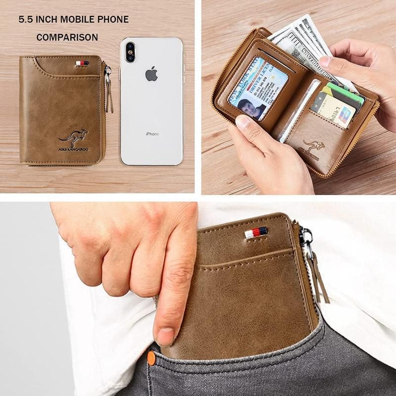Men's RFID Blocking Short Wallet, PU Leather Zip Card Holder, Grey