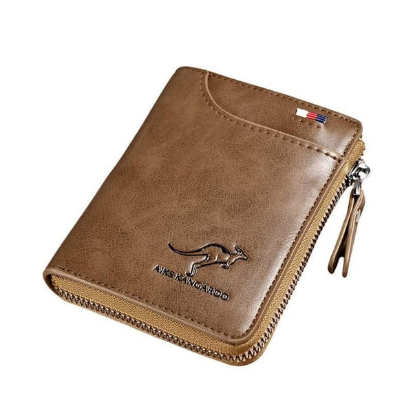 Men's RFID Blocking Short Wallet, PU Leather Zip Card Holder, Khaki