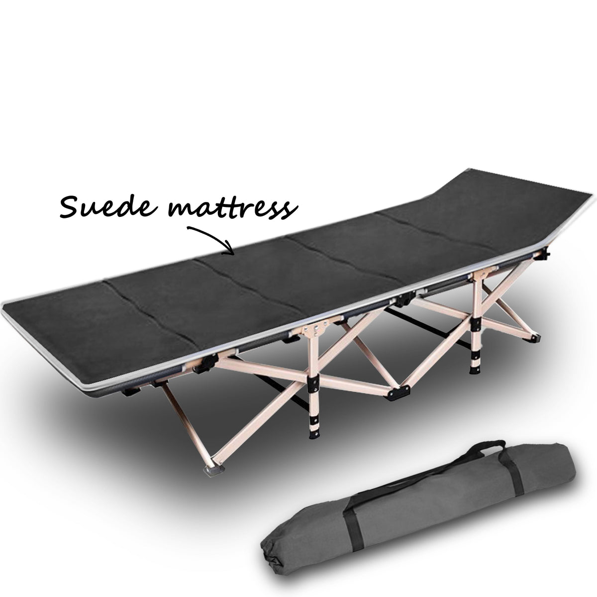 Folding Camp Stretcher Bed with 18° Raised Headrest, with Mattress, Grey