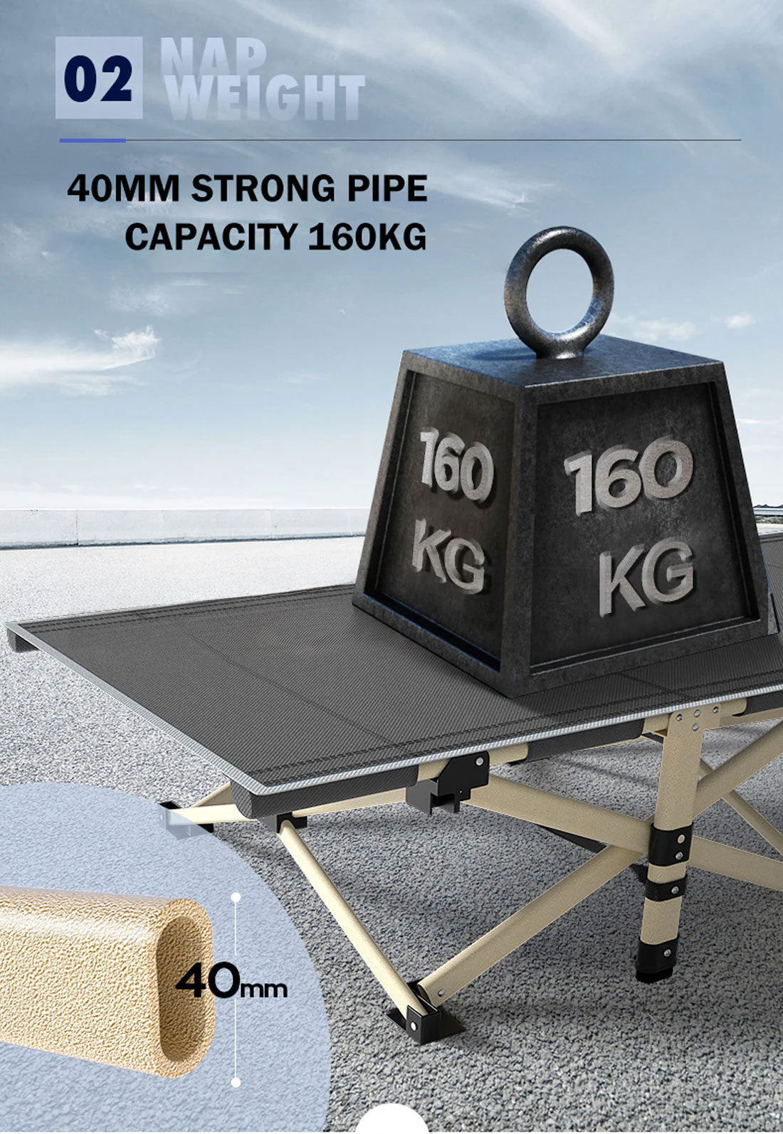 Folding Camp Stretcher Bed with 18° Raised Headrest, with Mattress, Grey