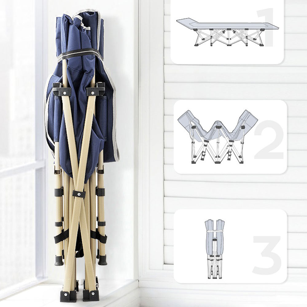 Folding Camp Stretcher Bed with 18° Raised Headrest, Navy