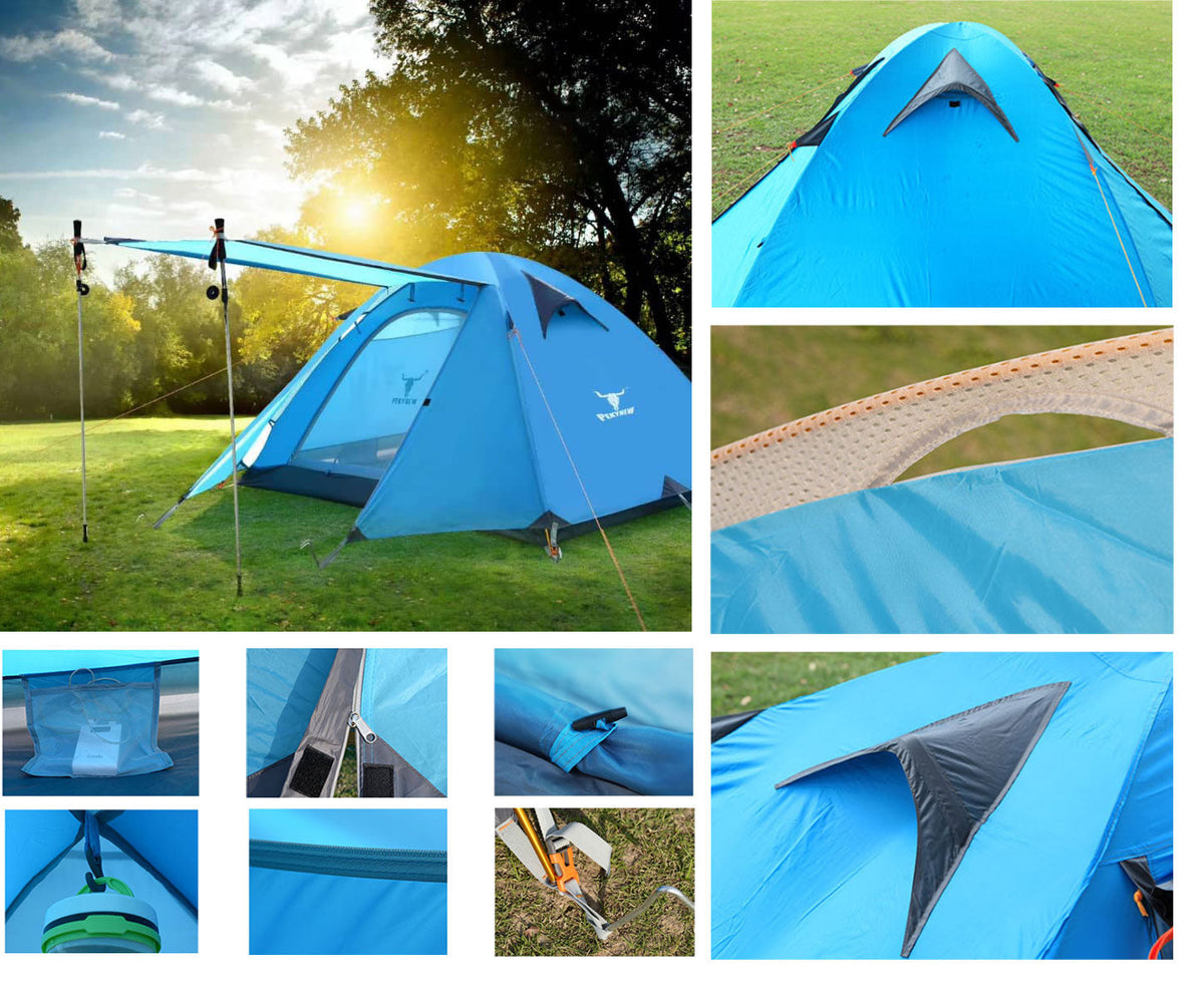 2 Person Lightweight Hiking Tent, Dual Door with Aluminium Poles, Blue