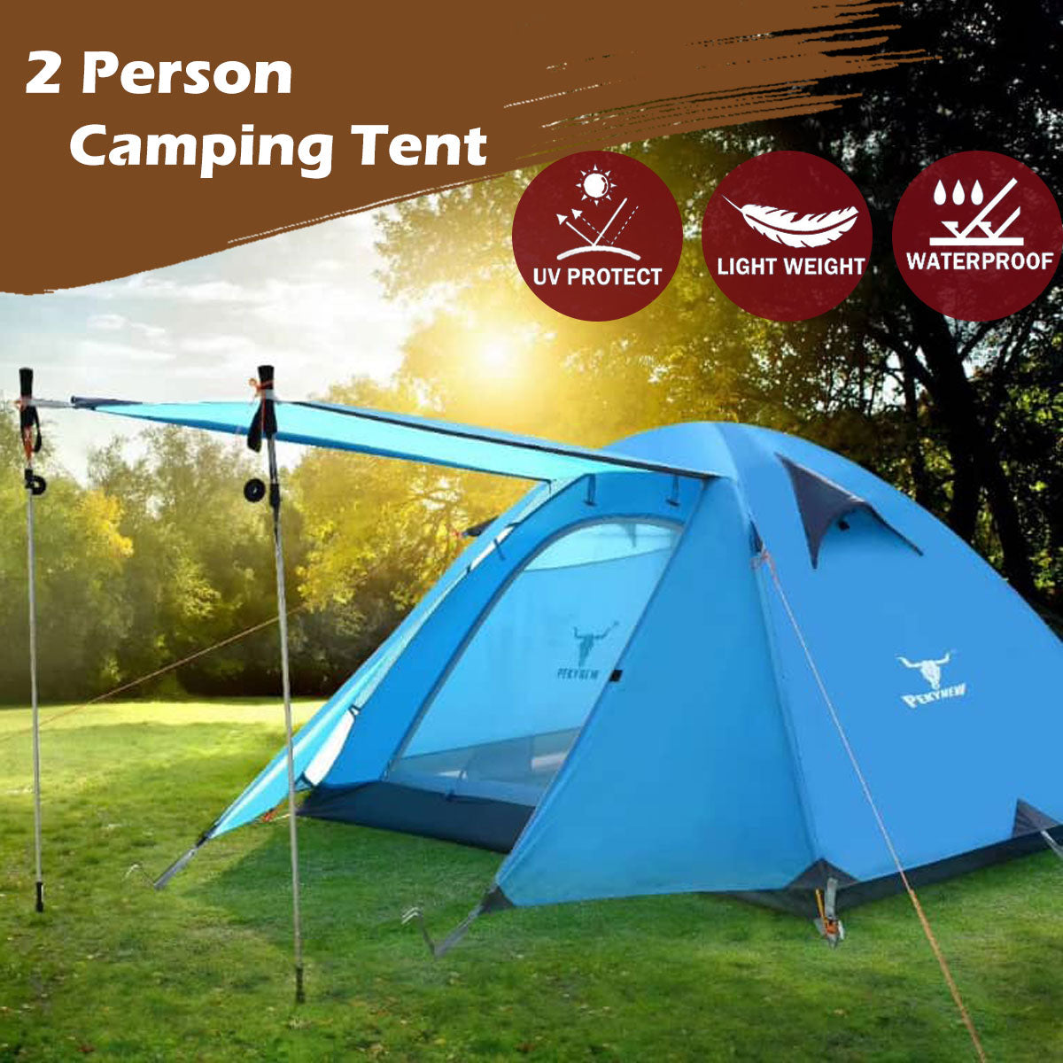2 Person Lightweight Hiking Tent, Dual Door with Aluminium Poles, Blue