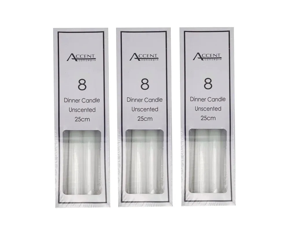 Unscented Dinner Candles, 25cm, White, 192 Pack