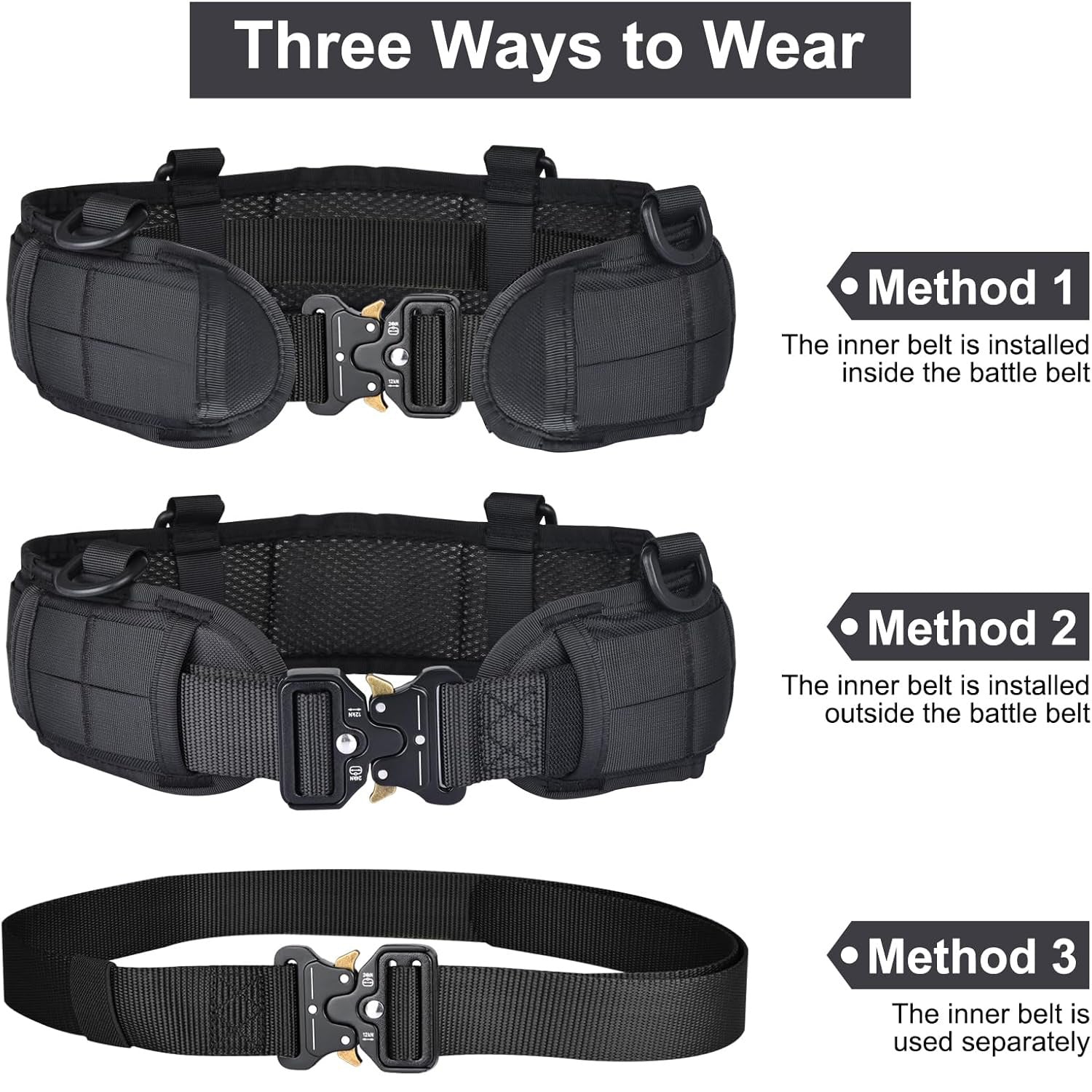 Black Adjustable Tactical Battle Belt Set - Padded MOLLE Outer Belt & Nylon Inner Belt