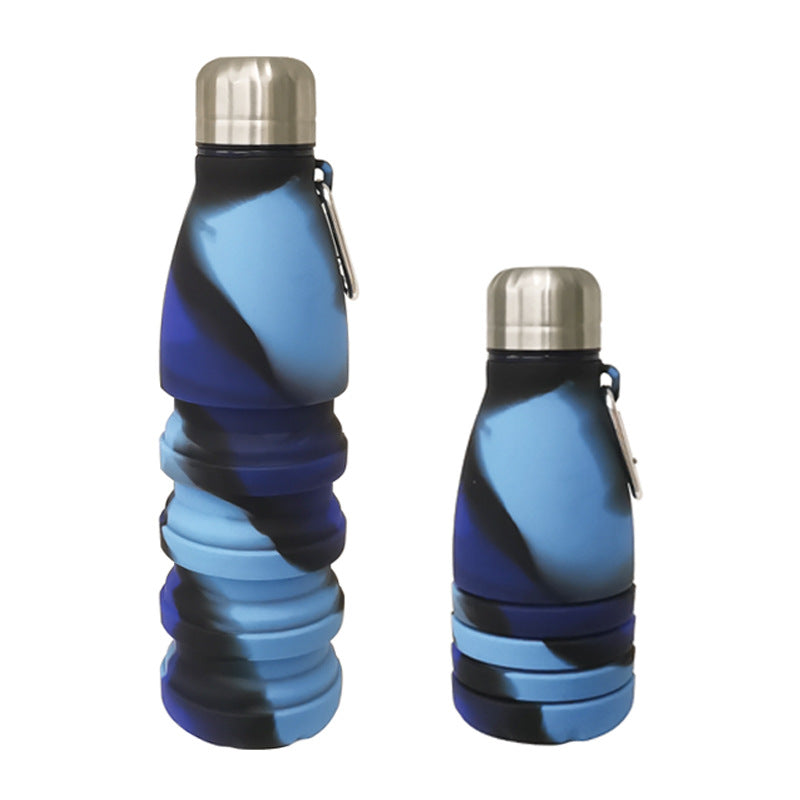 Collapsible Silicone Water Bottle with Carabiner, 550ml/300ml, Camouflage Blue