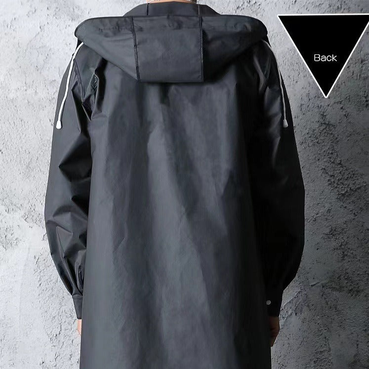 Hooded Extra Long Trench Raincoat, Black, XL
