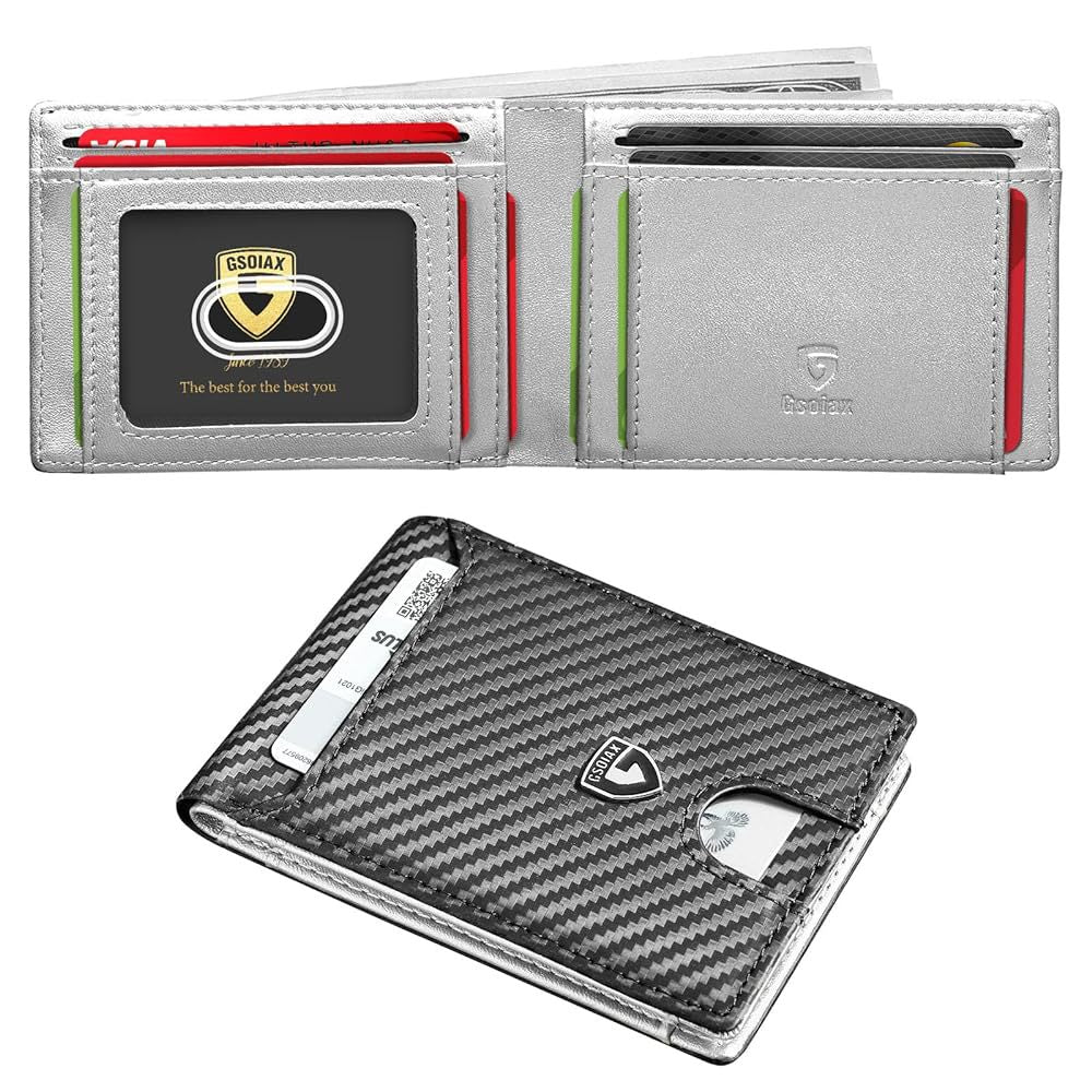 Men's Slim Leather Bifold Wallet - RFID Blocking, 11 Card Slots, ID Window(Carbon Silver)