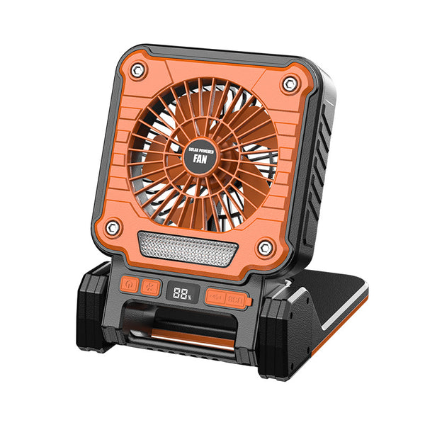 Solar & USB Rechargeable Camping Fan with LED Light, Orange