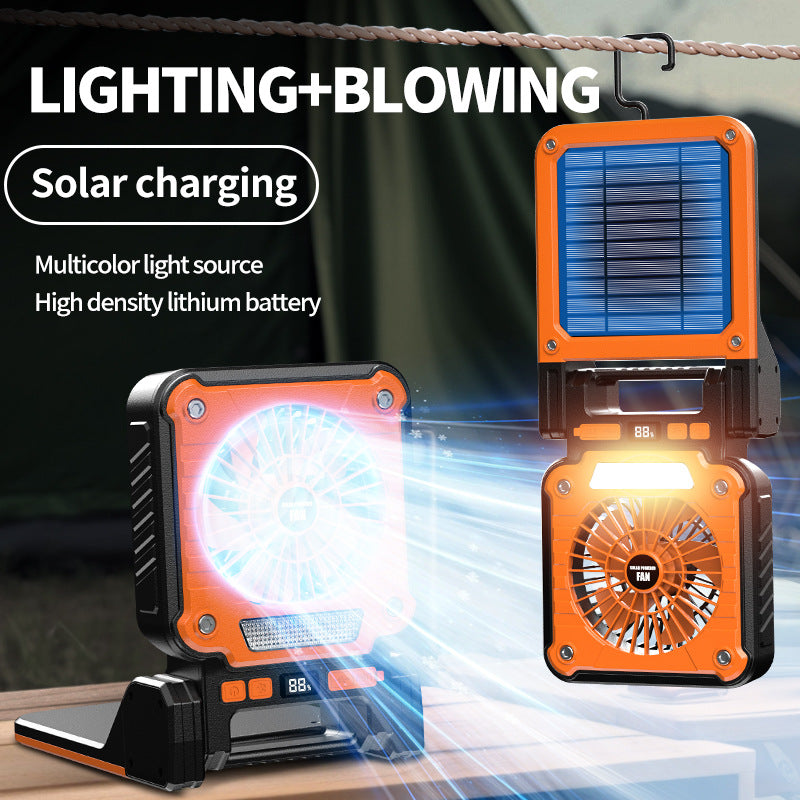 Solar & USB Rechargeable Camping Fan with LED Light - Portable Power Bank, 180° Collapsible(Orange)