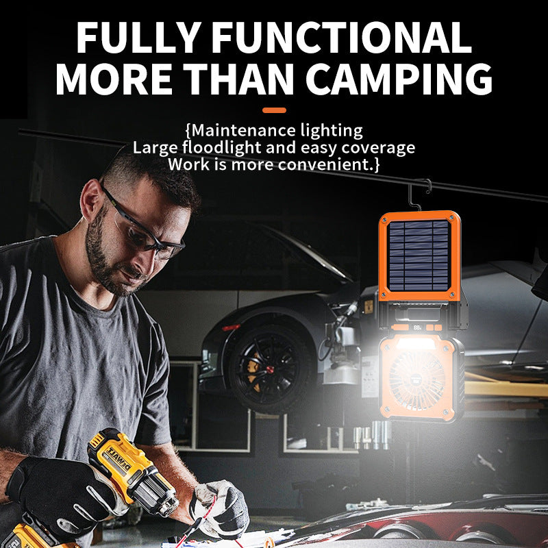Solar & USB Rechargeable Camping Fan with LED Light - Portable Power Bank, 180° Collapsible(Orange)